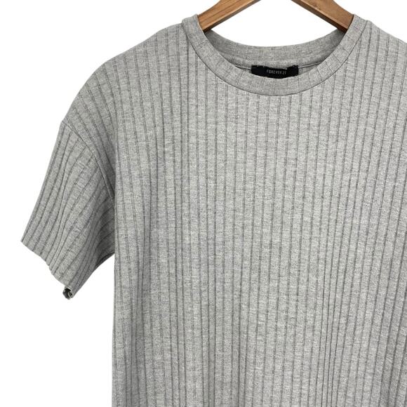 FOREVER 21 Ribbed Knit Mini T Shirt Dress Grey Size Medium Relaxed Fit Stretch - Picture 2 of 4